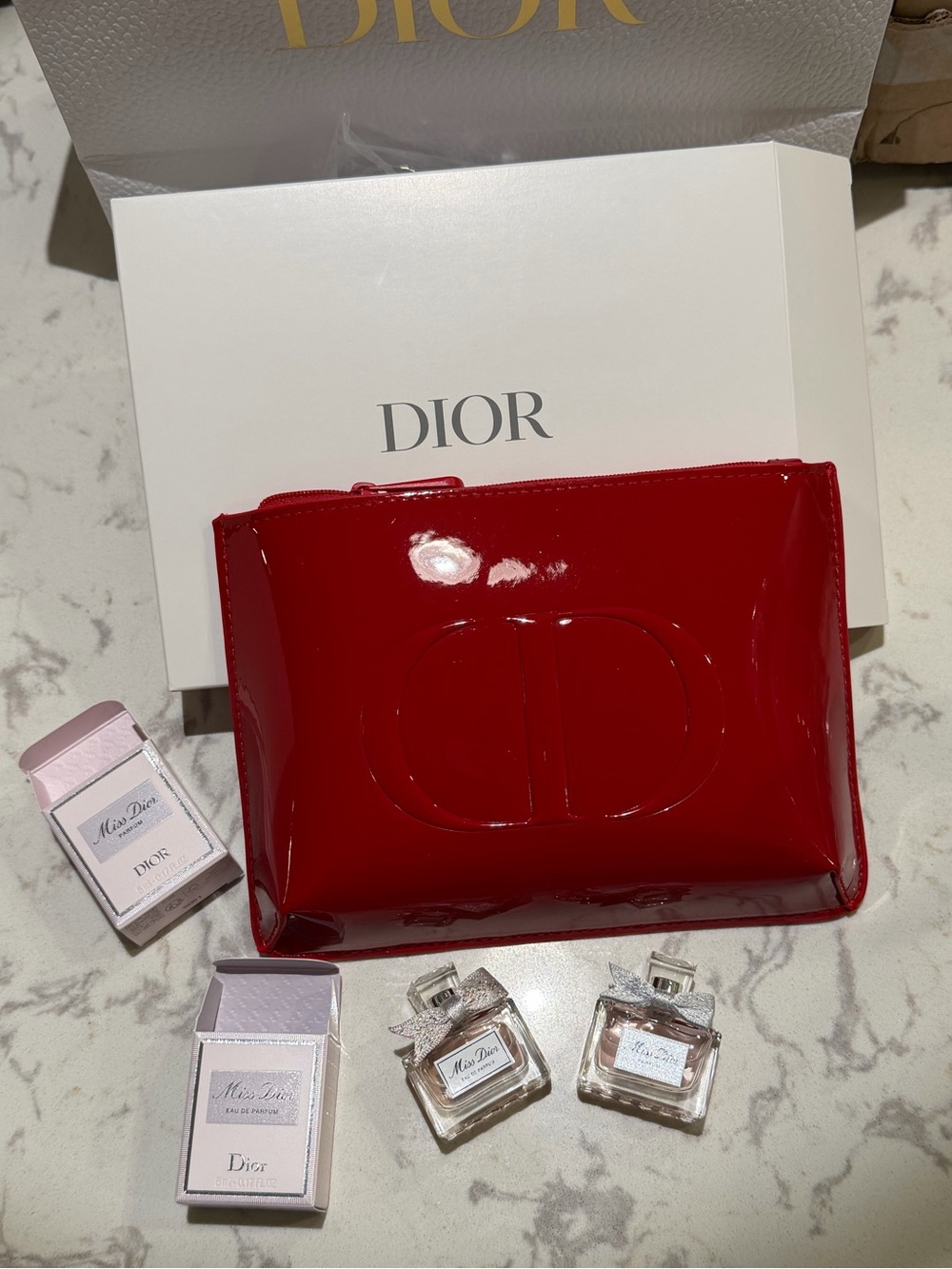 Dior Glossy Red Patent Cosmetic Pouch with Parfum